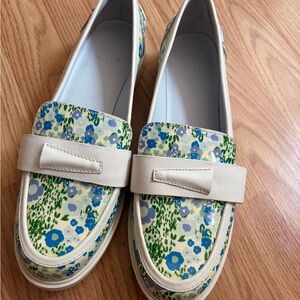 Tory Burch Sport Pocket Tee Golf Loafers Ace Blue Garden Floral Leather